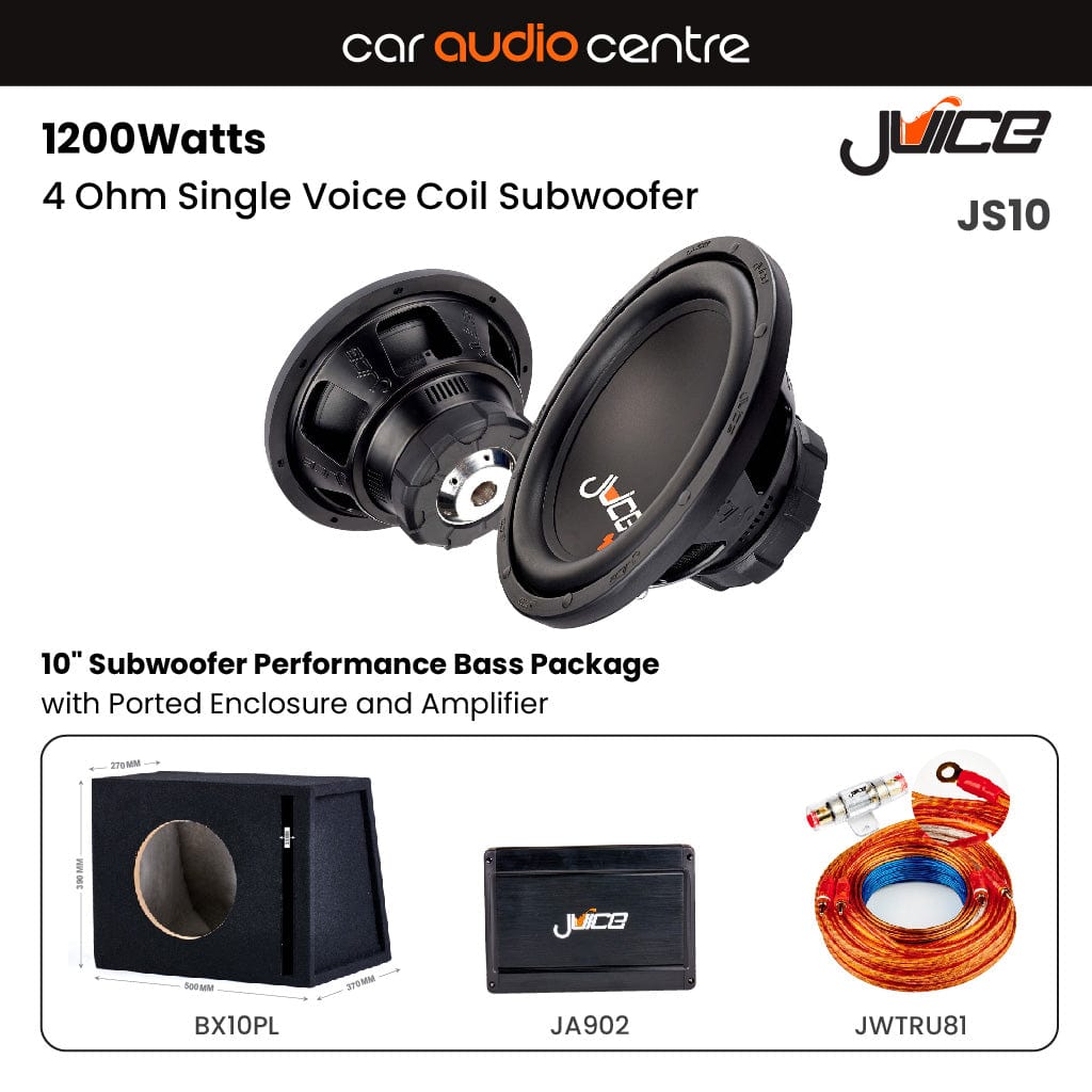 Juice Juice BX10PL-JS10-JA902 Single JS10 10" Subwoofer Performance Bass Package with Ported Enclosure and Amp