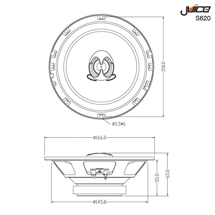 Juice Car Speakers Juice S620 6.5 Inch 17cm 2-Way Coaxial Car Door or Parcel Shelf Speaker Upgrade, Efficient Power Handling, 300Watts Peak Power, Black