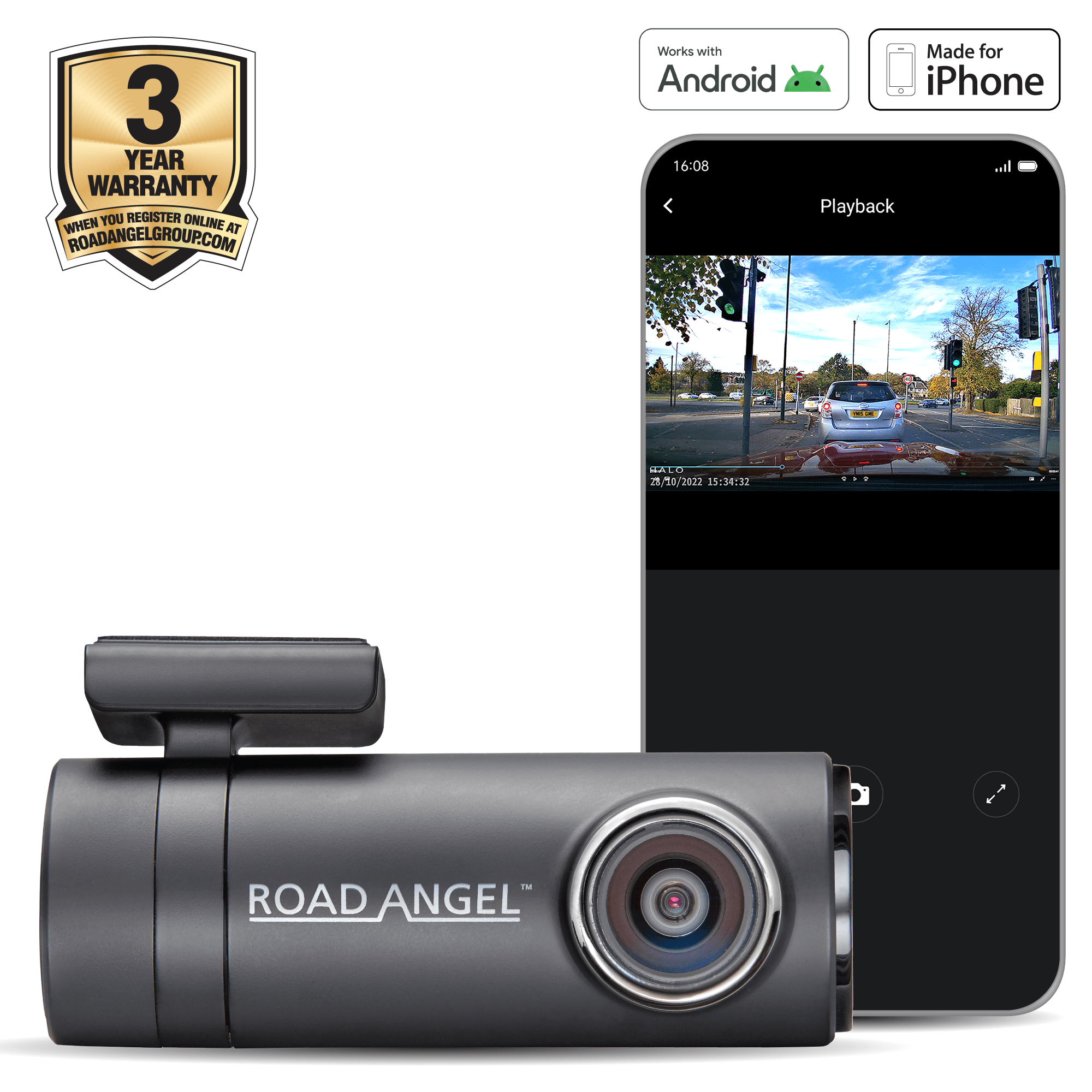 Road Angel Road Safety Halo Drive Dash Cam, 2K 1440p 140° Camera, with Super Night View, Built-In Wi-Fi, Winter Mode